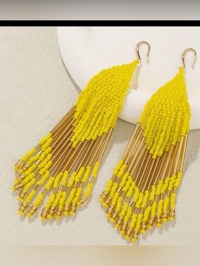 Yellow Beaded Fringe Drop Earrings - Gold Accents